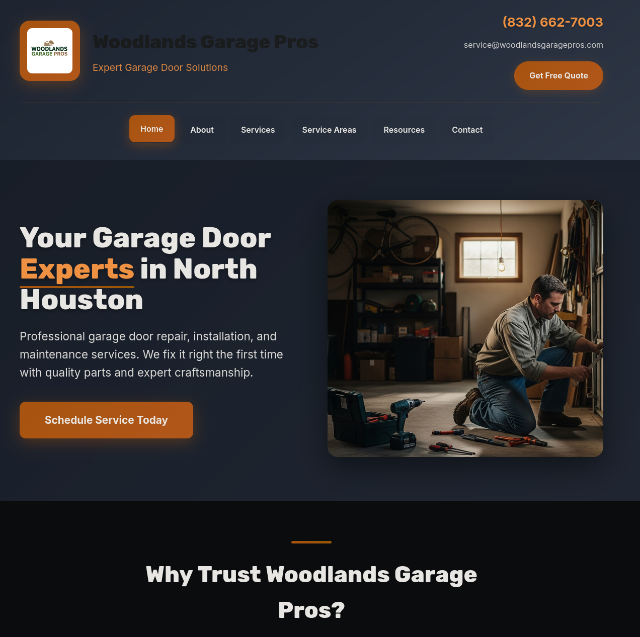Woodlands Garage Pros website